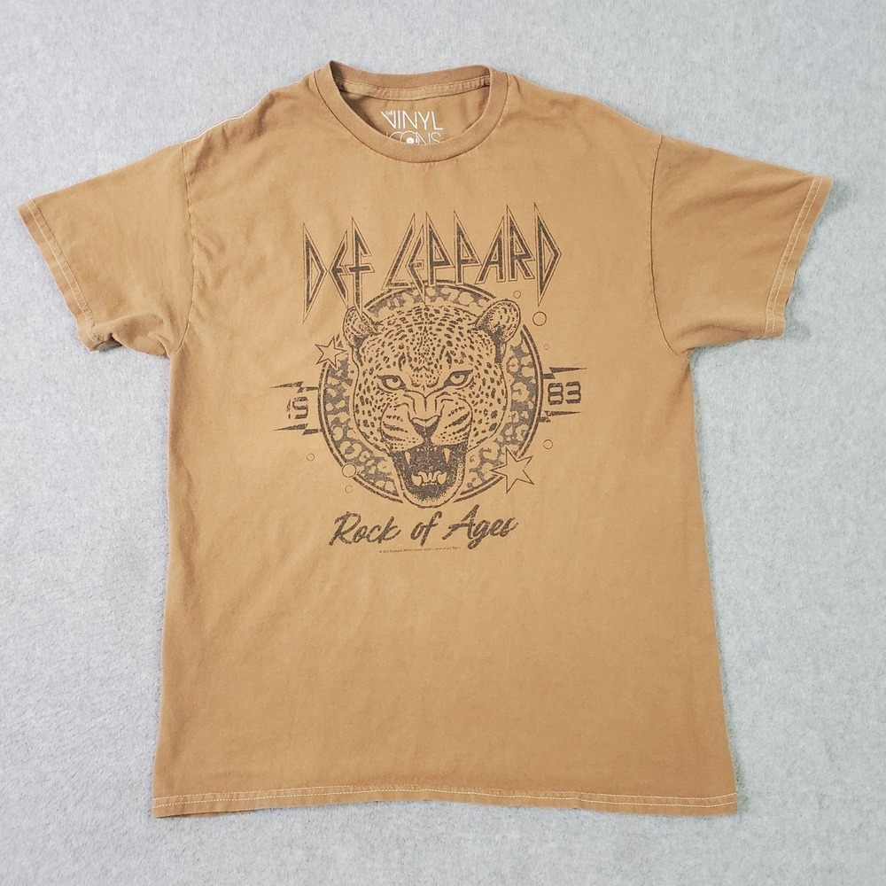 Def Leppard Shirt Mens Small Brown Rock Of Ages Leopard Graphic Band Tee
